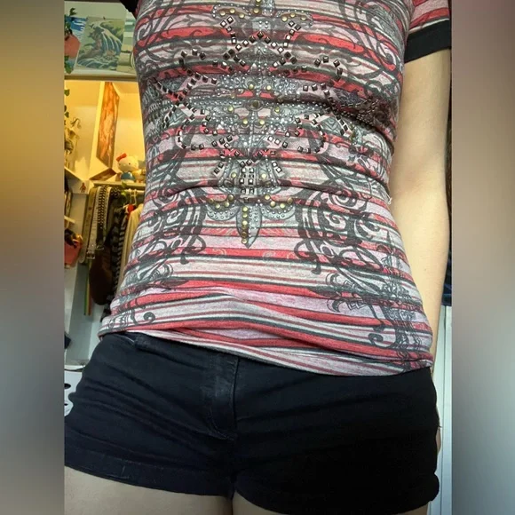 Pink and white striped Y2k baddazled short sleeve top - Picture 2 of 5